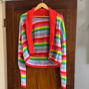 Striped Multicolor Shawl Collar Women's Sweater - Pink/Green/Yellow